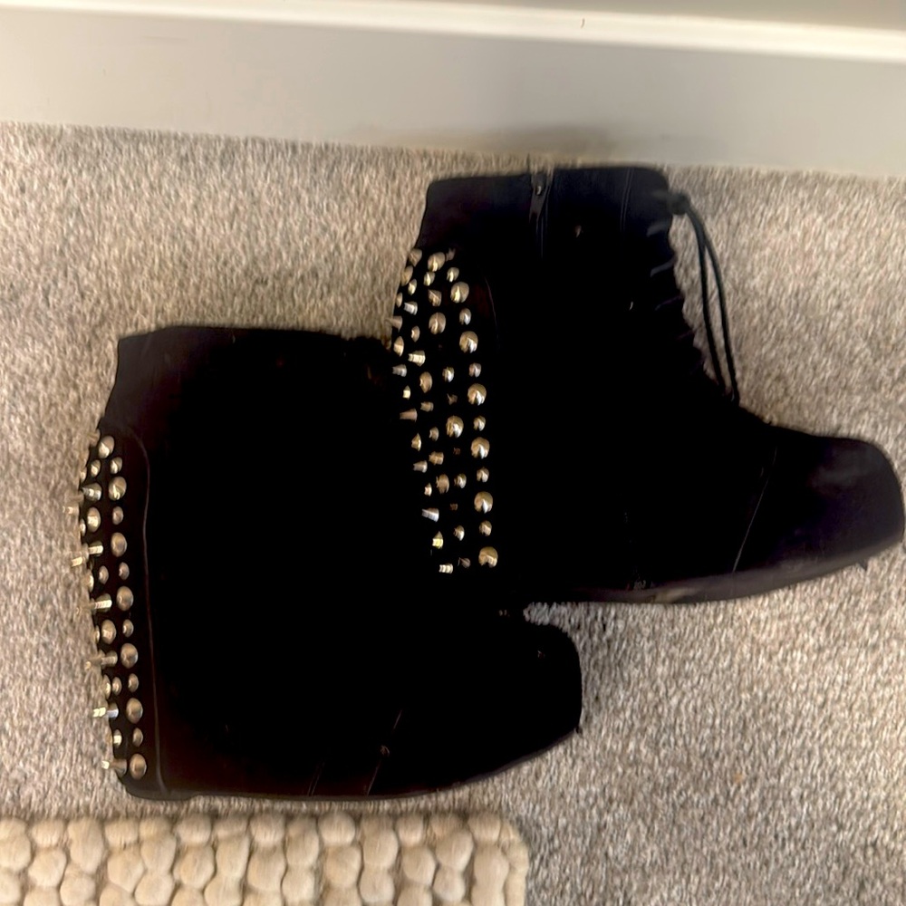 Black velour and  silver studded spiked wedges